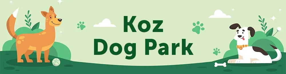 Banner reading Koz Dog Park, with two cartoon dogs on a green lawn.