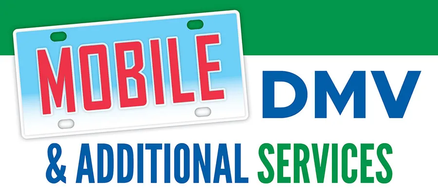 Graphic reading Mobile DMV & Additional Services, with the word Mobile on a license plate.