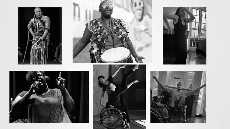 Six black-and-white photos of performers: a woman with a forearm crutch in a fringed costume on stage, a man in sunglasses playing a hand drum, a woman dancing in a room with tall windows, a woman singing into a microphone, two dancers in a shared pose with one seated in a wheelchair, and a man in a wheelchair with his arms spread wide.