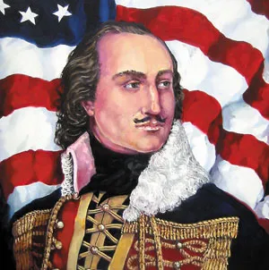 Painted portrait of Casimir Pulaski in a dark military coat with gold braid and a white lace collar, in front of an American flag.